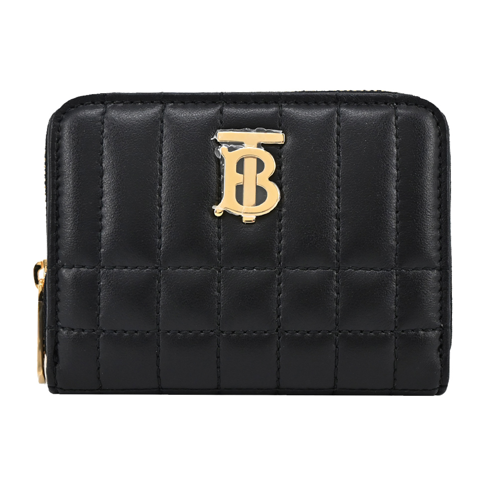 BURBERRY 巴寶莉 Lola TB金字LOGO格紋絎縫羔羊拉鍊零錢包(黑色)