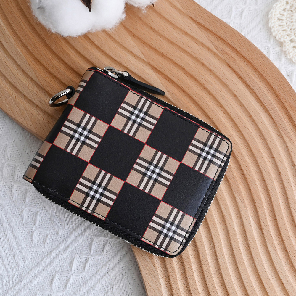 BURBERRY 巴寶莉 Chequer 格紋牛皮拉鍊短夾.黑/卡其