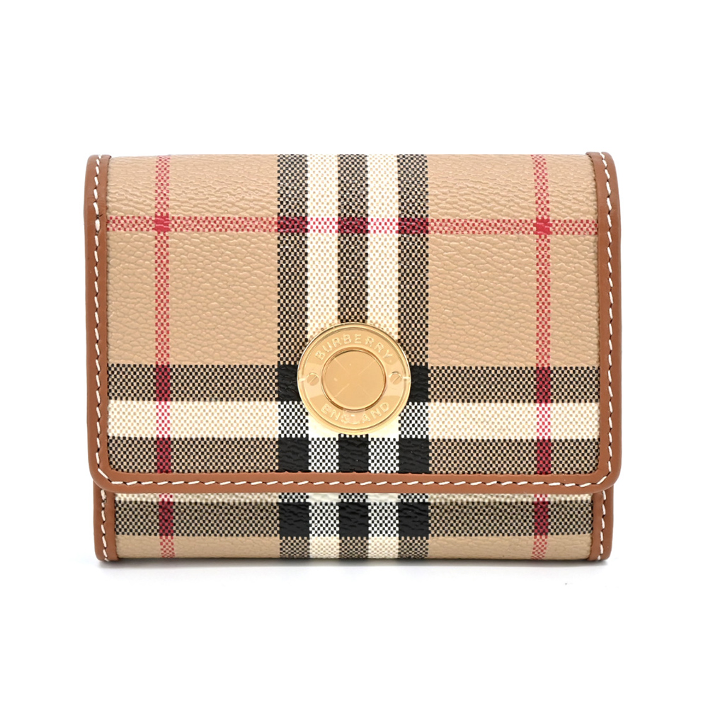 BURBERRY 巴寶莉 浮雕LOGO格紋皮革小型三折短夾(卡其)(其他規格)