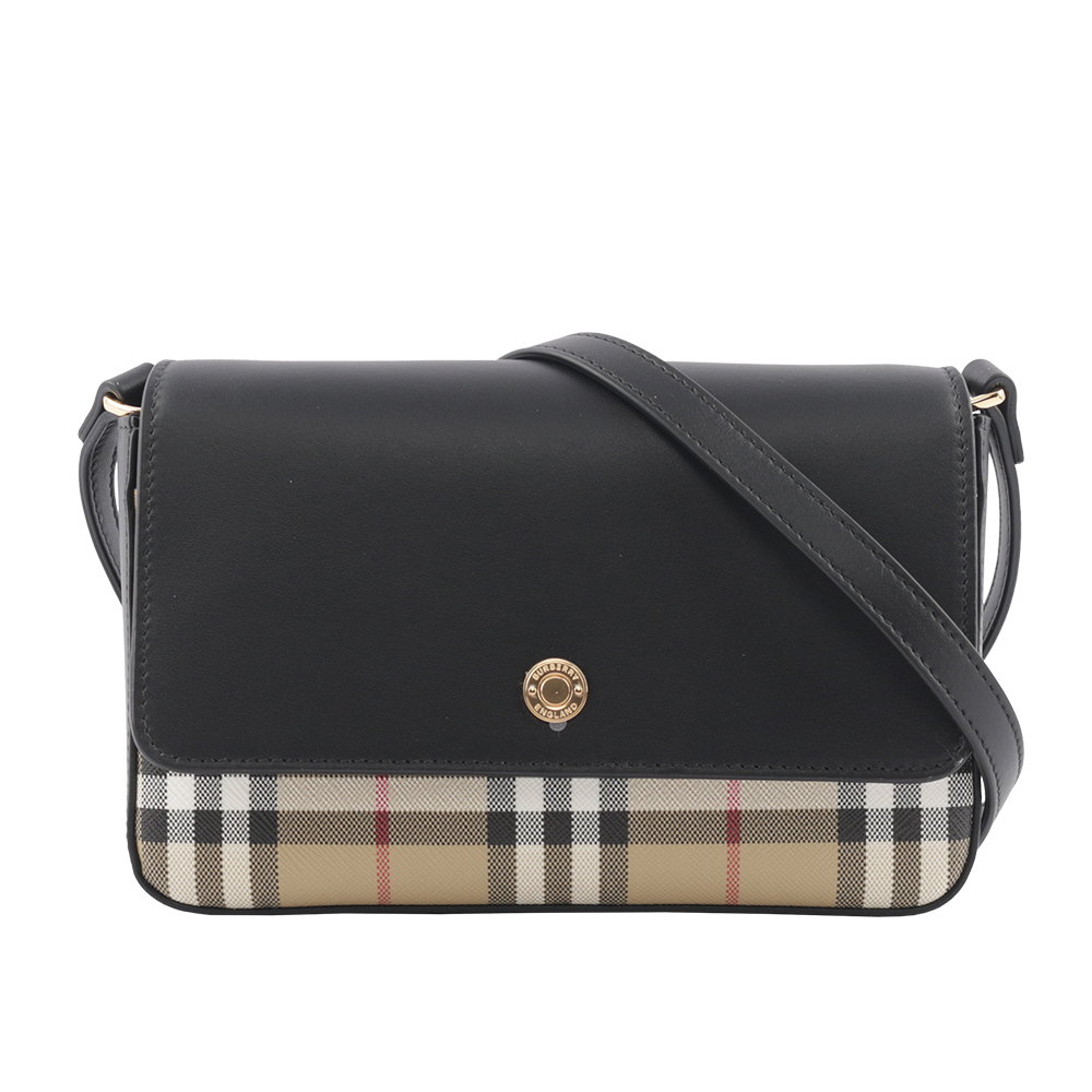 BURBERRY 巴寶莉 Penny 格紋帆布拼小牛皮翻蓋斜背包(經典米色/黑色) 8065481 A1189
