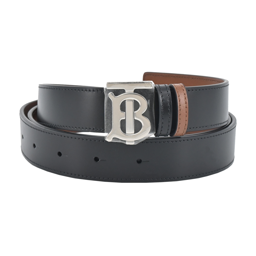 BURBERRY 巴寶莉 TB LOGO皮革雙面兩用皮帶(黑銀)