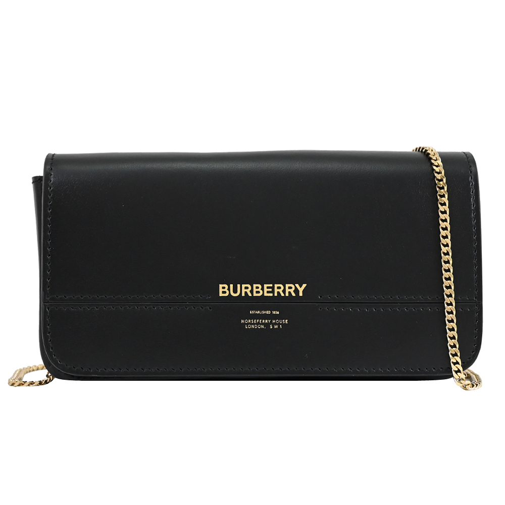 BURBERRY 巴寶莉 Grace 燙印LOGO小牛皮翻蓋斜鍊包.黑
