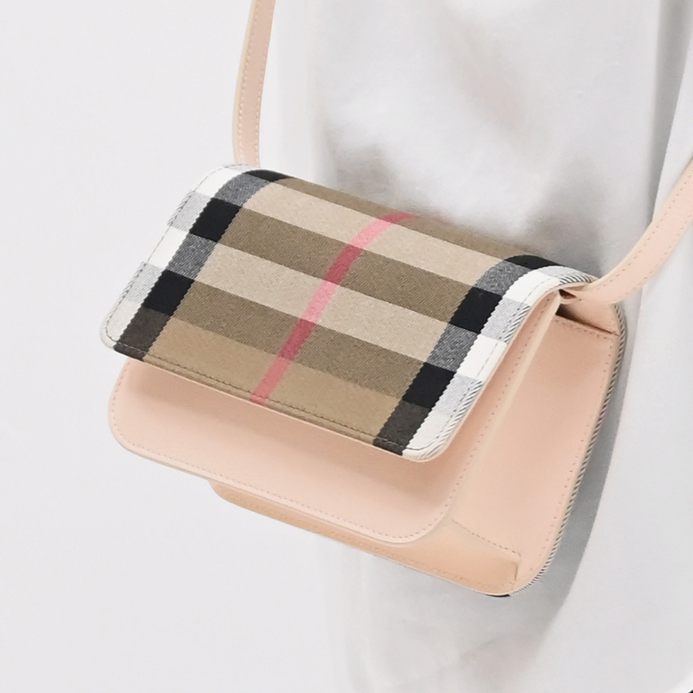 BURBERRY 巴寶莉 MADISON 經典格紋拼接牛皮迷你翻蓋斜背包.淺粉邊