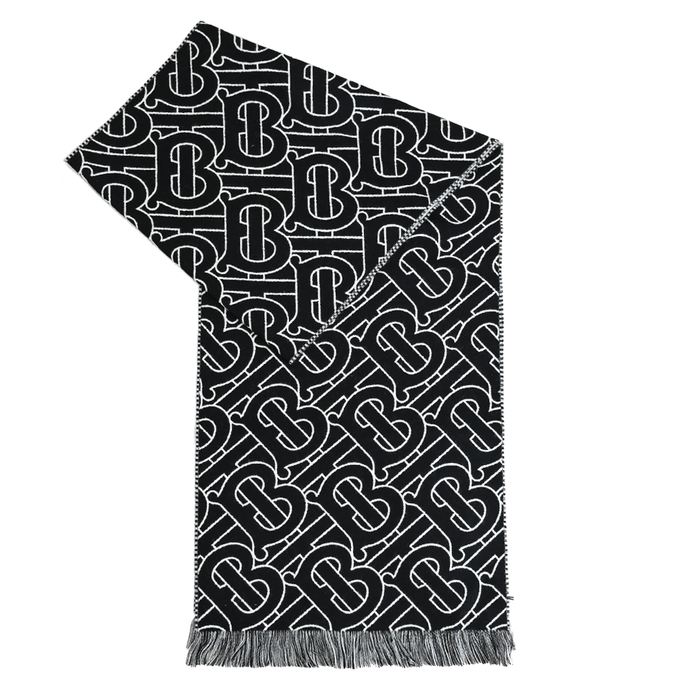 BURBERRY 巴寶莉 品牌經典花紋雙面撞色羊毛長圍巾.黑/白
