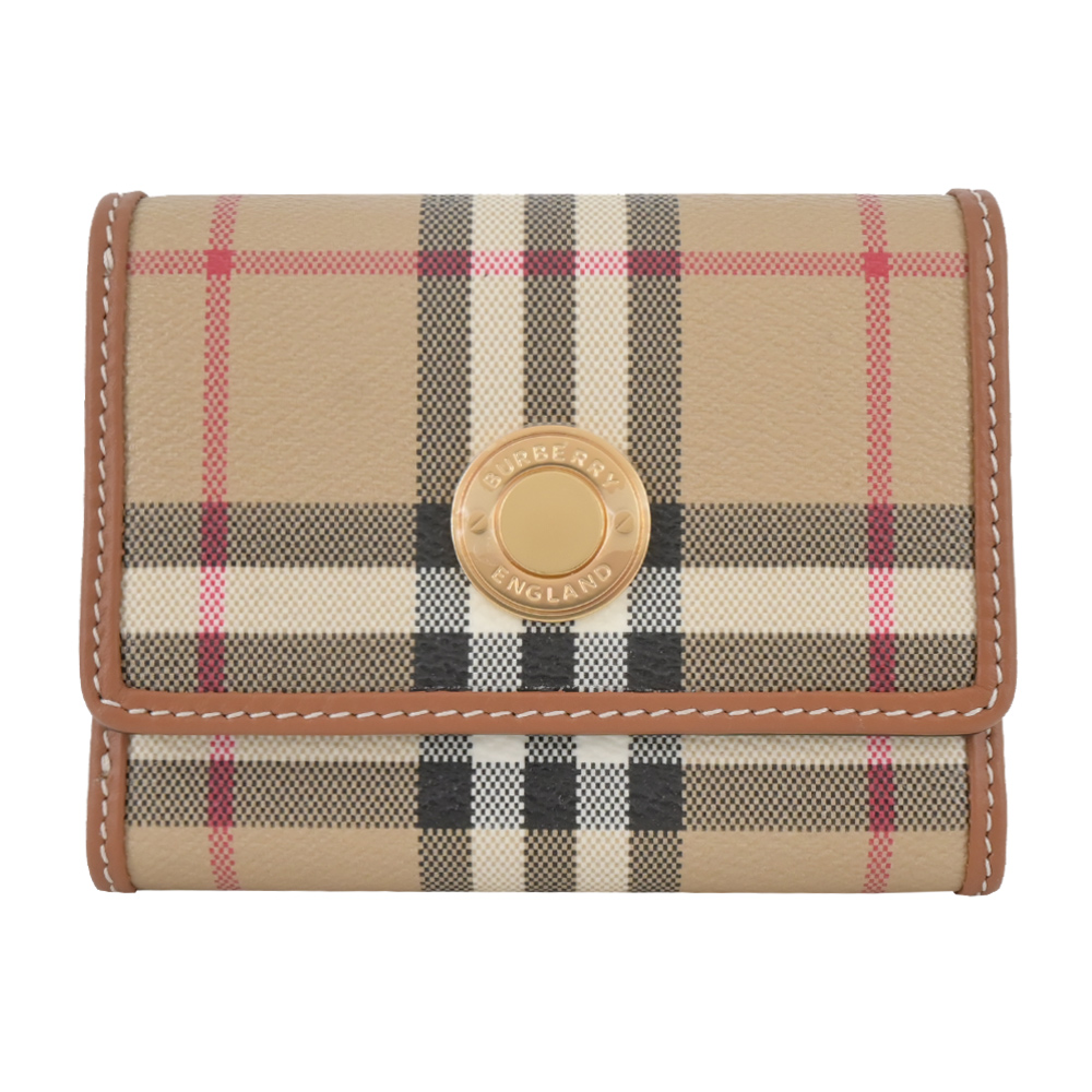 BURBERRY 巴寶莉 浮雕LOGO格紋皮革小型三折短夾(卡其)