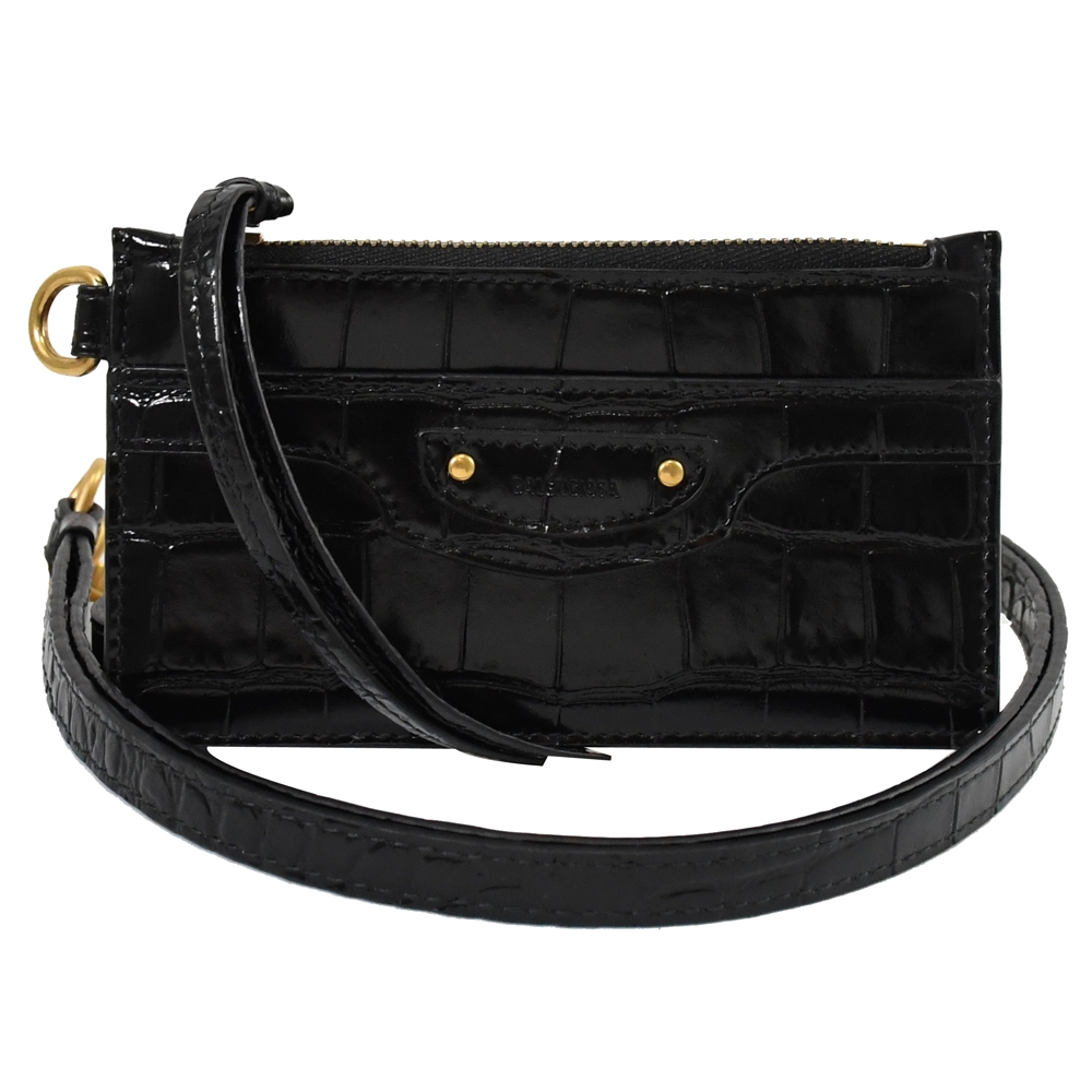 BALENCIAGA 巴黎世家 Neo classic烙印LOGO斜背/頸掛式零錢卡包.黑