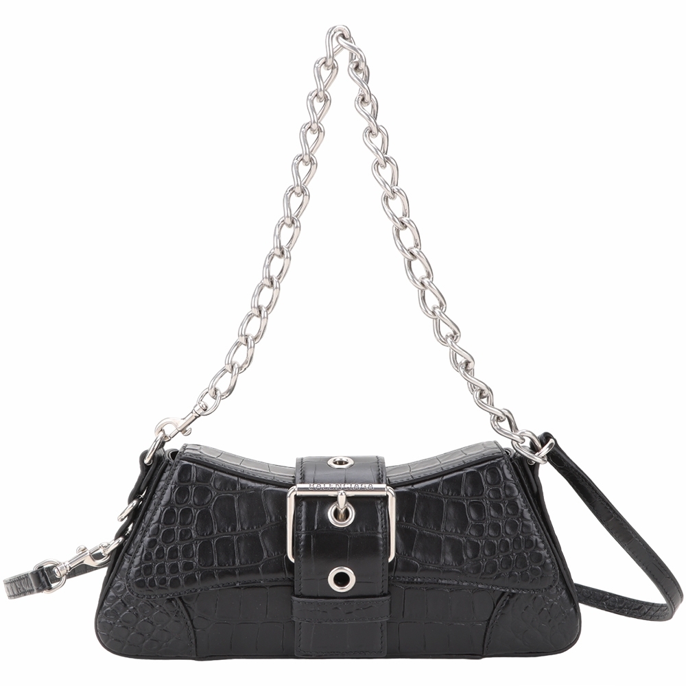 BALENCIAGA 巴黎世家 Lindsay 鱷魚紋牛皮翻蓋肩背/斜背弧形包(黑色)