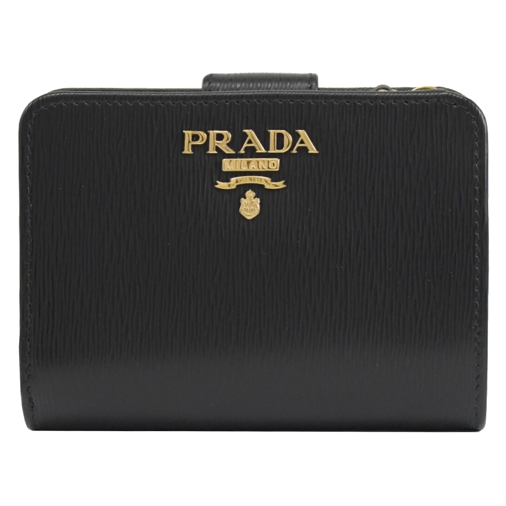 PRADA 普拉達 浮雕LOGO撞色水波紋扣式短夾.黑/紅