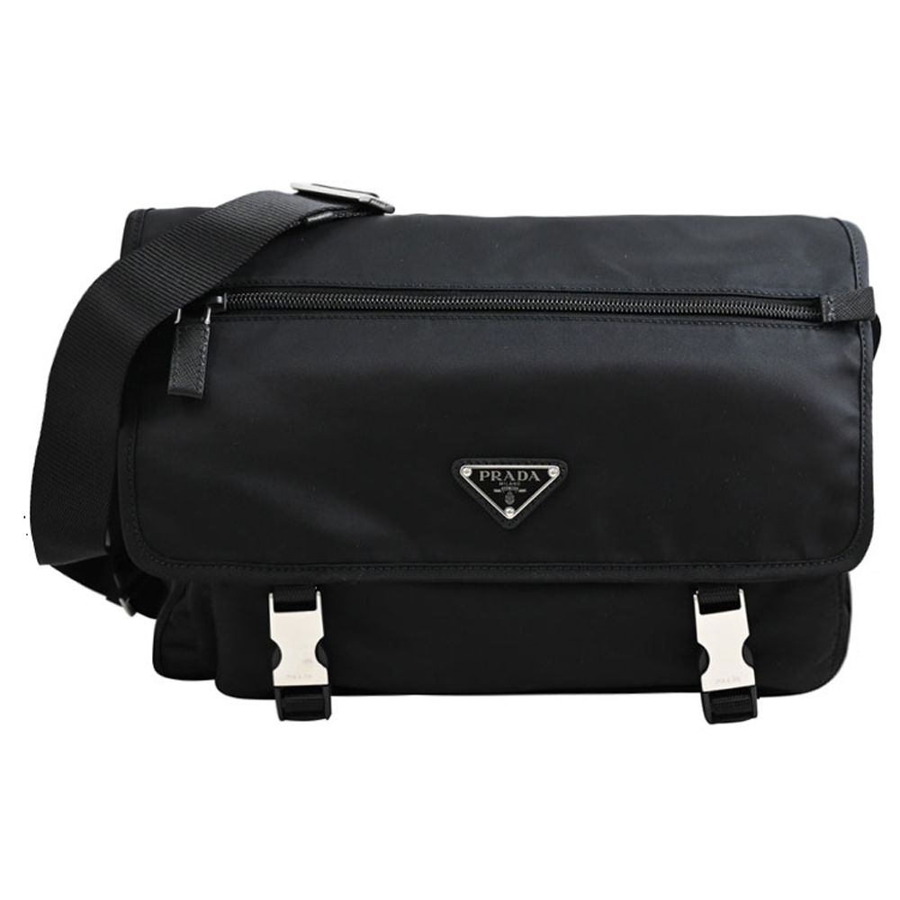 PRADA 普拉達 經典三角LOGO尼龍翻蓋壓扣斜背包.黑