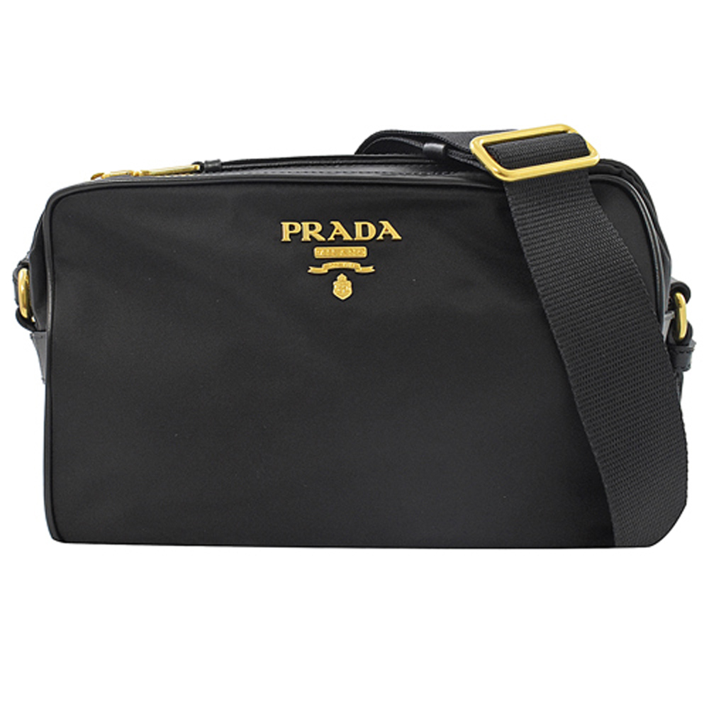 PRADA 普拉達 經典 LOGO尼龍帆布皮飾邊斜背小方包.黑