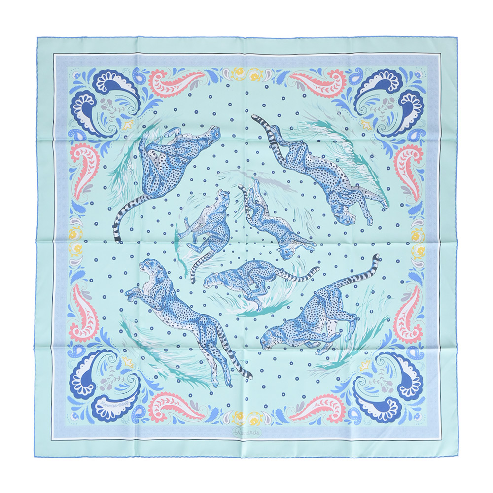 HERMES 愛馬仕 Guepards Bandana 90 手工捲邊斜紋真絲雙面方巾(杏仁外膜綠/藍/玫瑰)