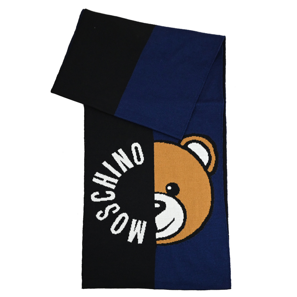 MOSCHINO 二分之一LOGO拼接小熊混羊毛針織長圍巾.黑/深藍