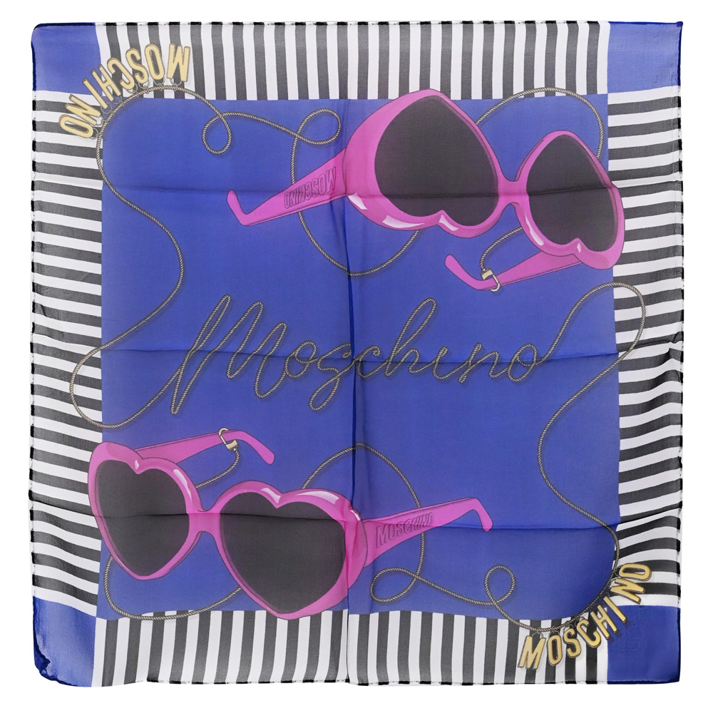 MOSCHINO 品牌墨鏡圖案方型小絲巾.藍