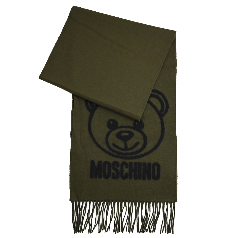 MOSCHINO 大臉小熊羊毛長圍巾.墨綠