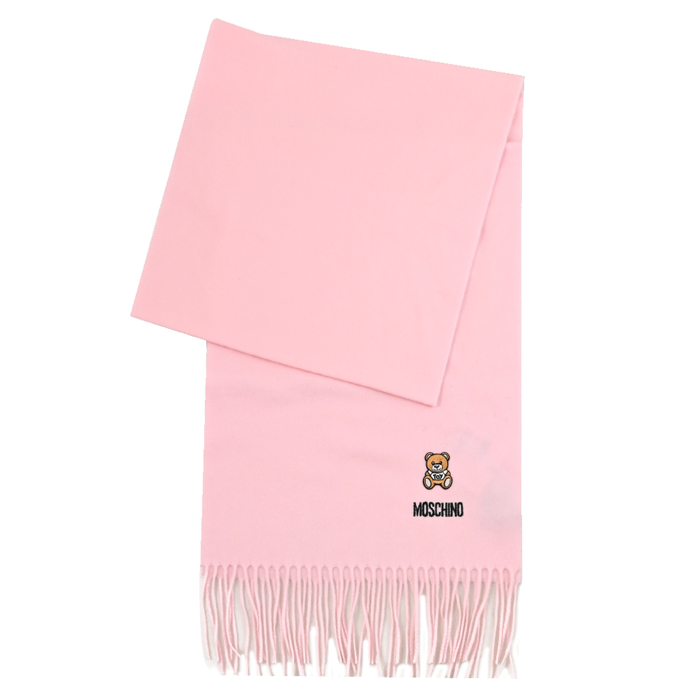 MOSCHINO 電繡小熊LOGO羊毛流蘇長圍巾.粉