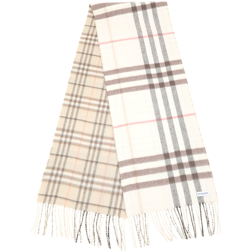 BURBERRY 巴寶莉 100%喀什米爾雙面粗細格紋羊絨圍巾(168x30CM/卡其x米)