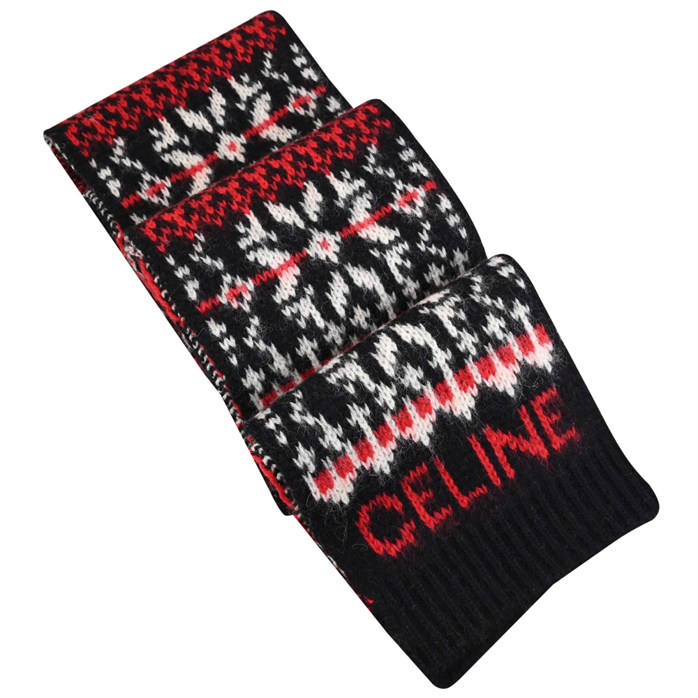 CELINE 費爾島民族風紋羊毛針織長圍巾/披肩.黑/紅