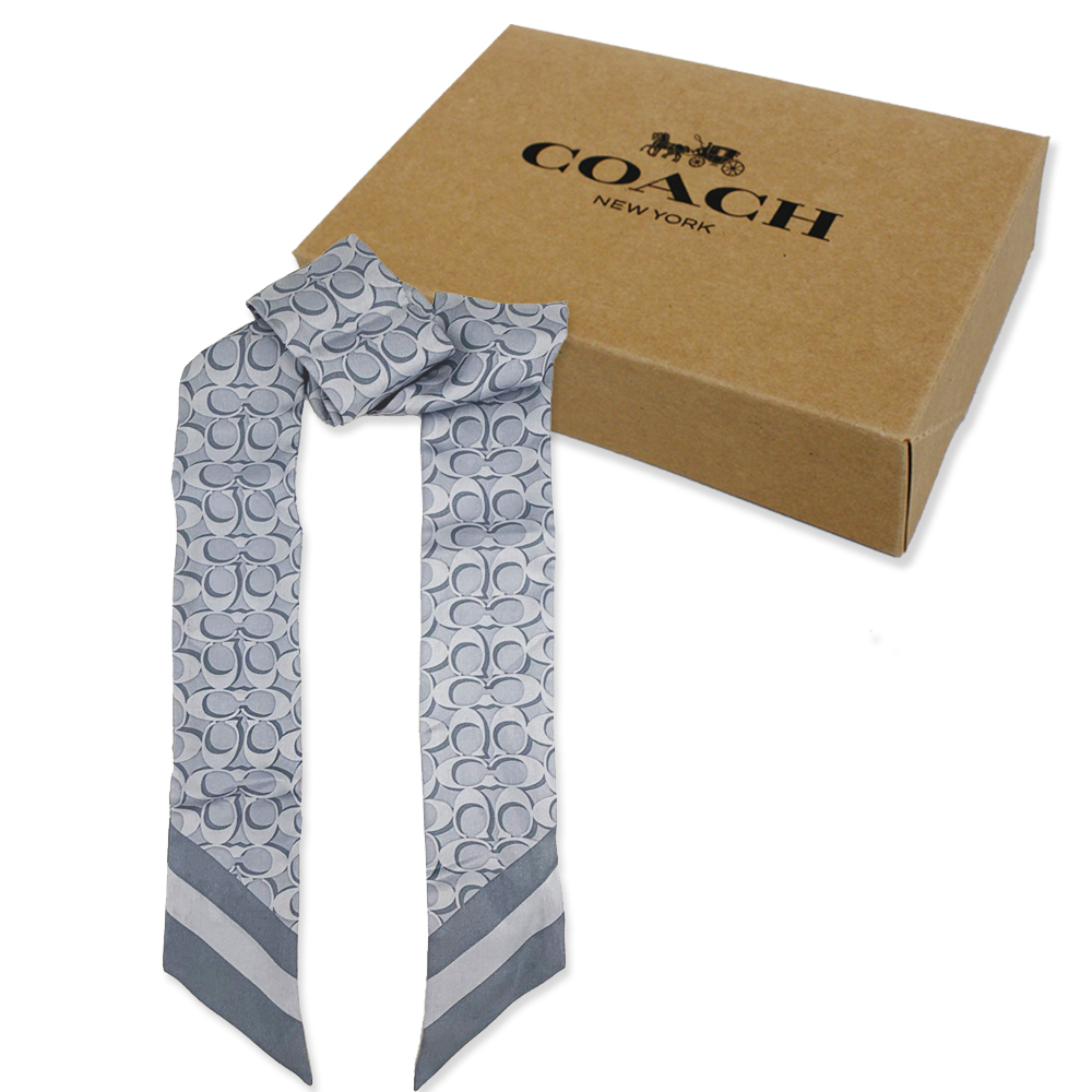 COACH 蔻馳 C LOGO 100%蠶絲領帶長型絲巾領巾髮帶禮盒(藍)