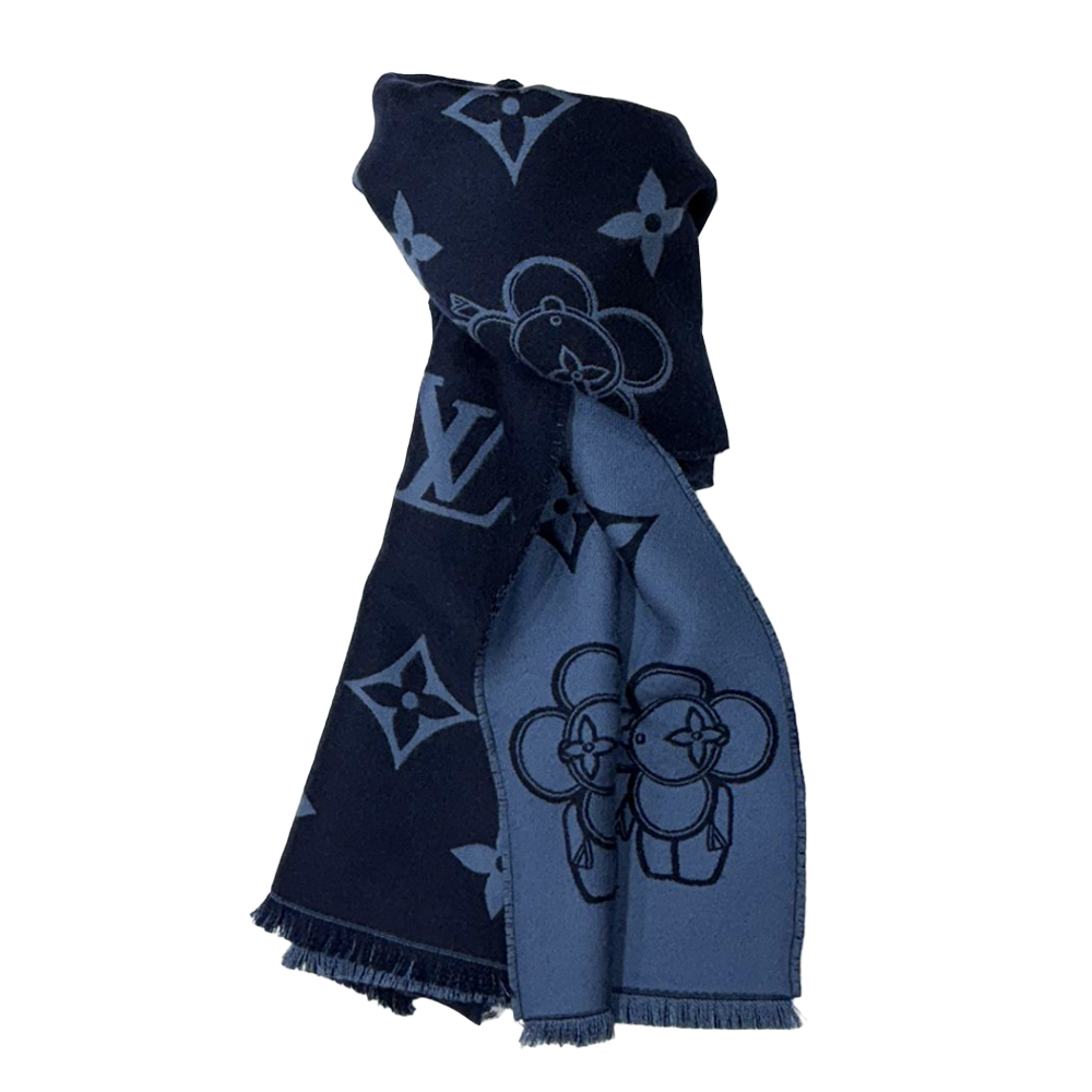 Louis Vuitton 路易威登 M77129 經典Monogram Vivienne圖案羊毛流蘇飾邊雙色圍巾(海軍藍)