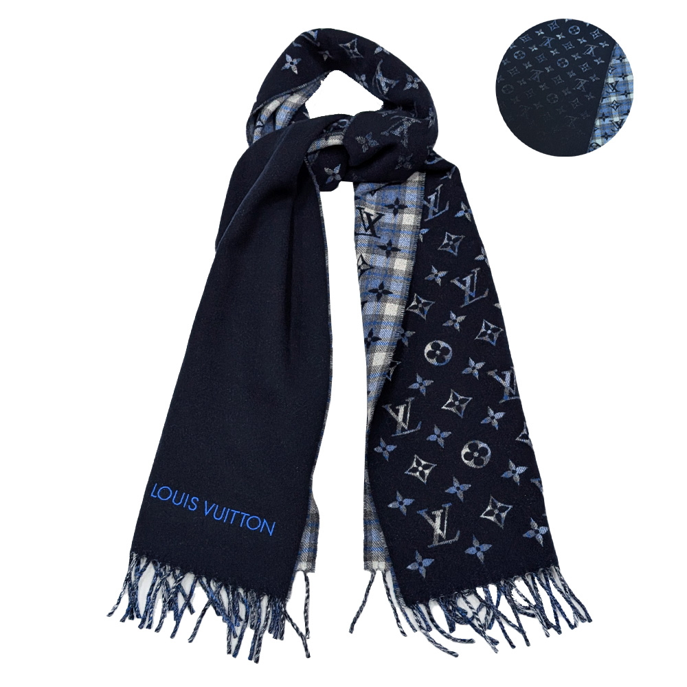 Louis Vuitton 路易威登 M71348 經典Monogram Gradient Tartan雙面漸層印花羊毛流蘇飾邊圍巾(雙面藍)