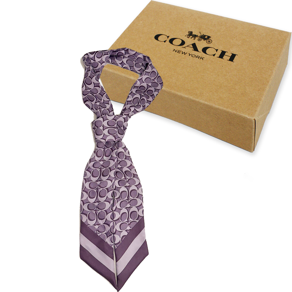 COACH 蔻馳 C LOGO 100%蠶絲領帶長型絲巾領巾髮帶禮盒(紫)