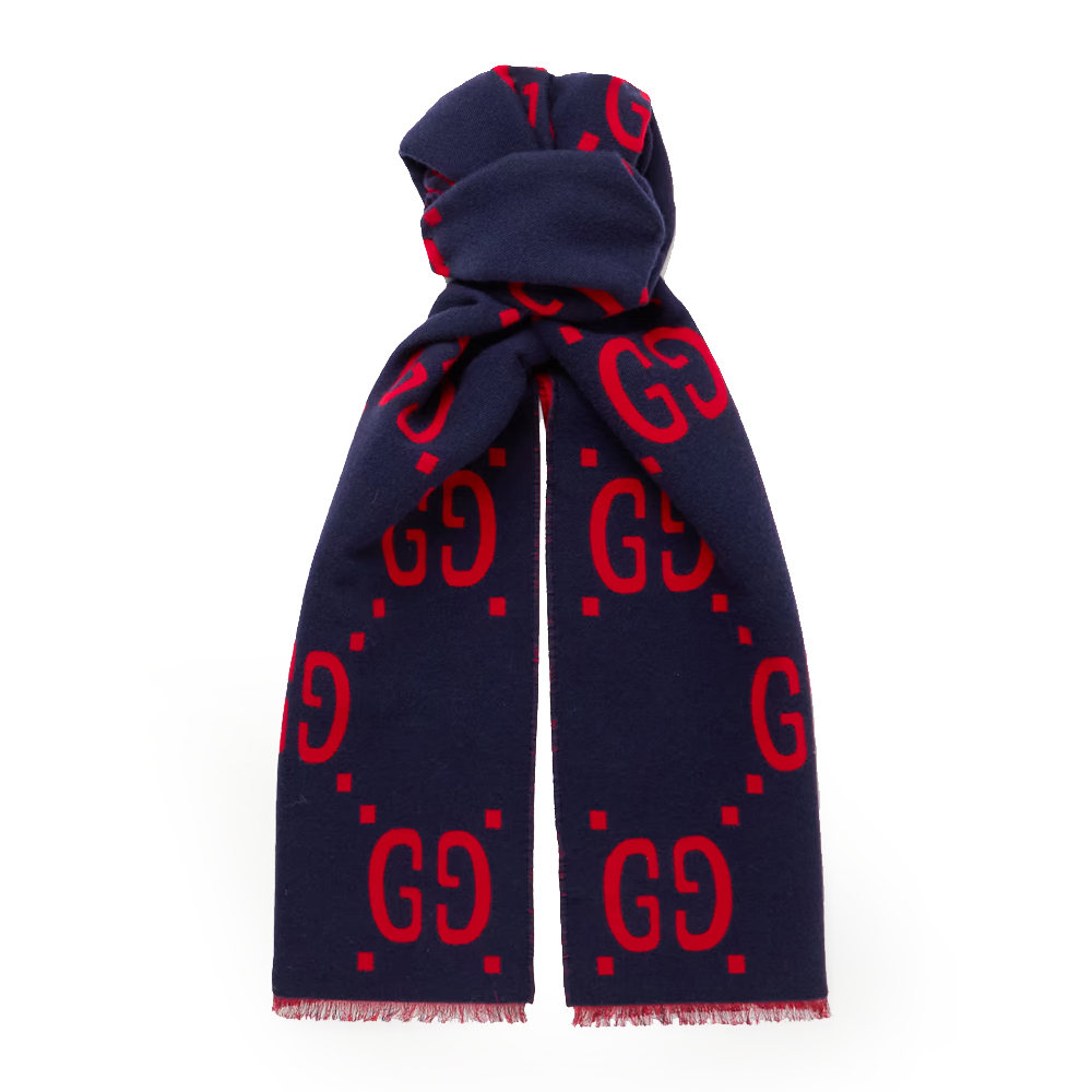 GUCCI 古馳 495592 經典GG大LOGO雙色羊毛圍巾/披巾(藍x紅)
