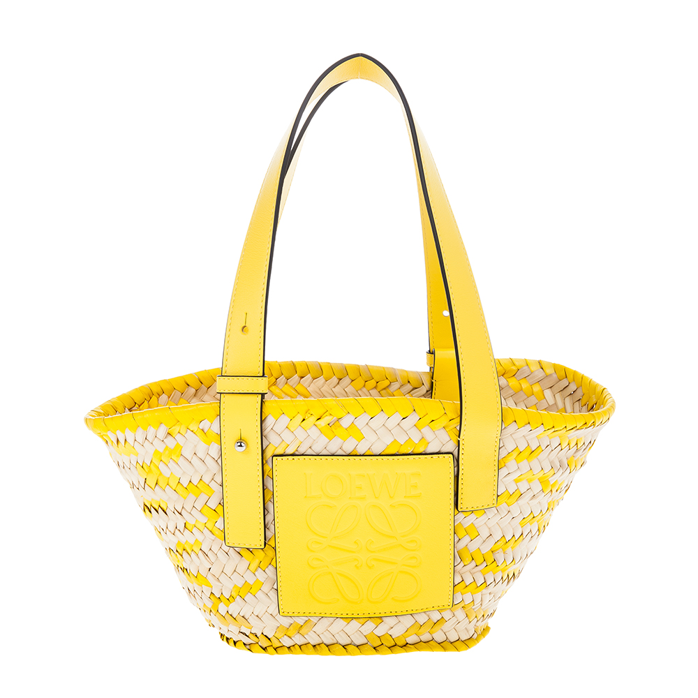 LOEWE 羅威 新款Anagram 立體壓紋拼皮小號棕櫚葉手提竹籃包 (檸檬黃)