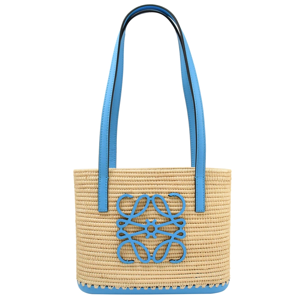 LOEWE 羅威 BASKET 經典皮飾花紋LOGO草編手提肩背包.藍邊
