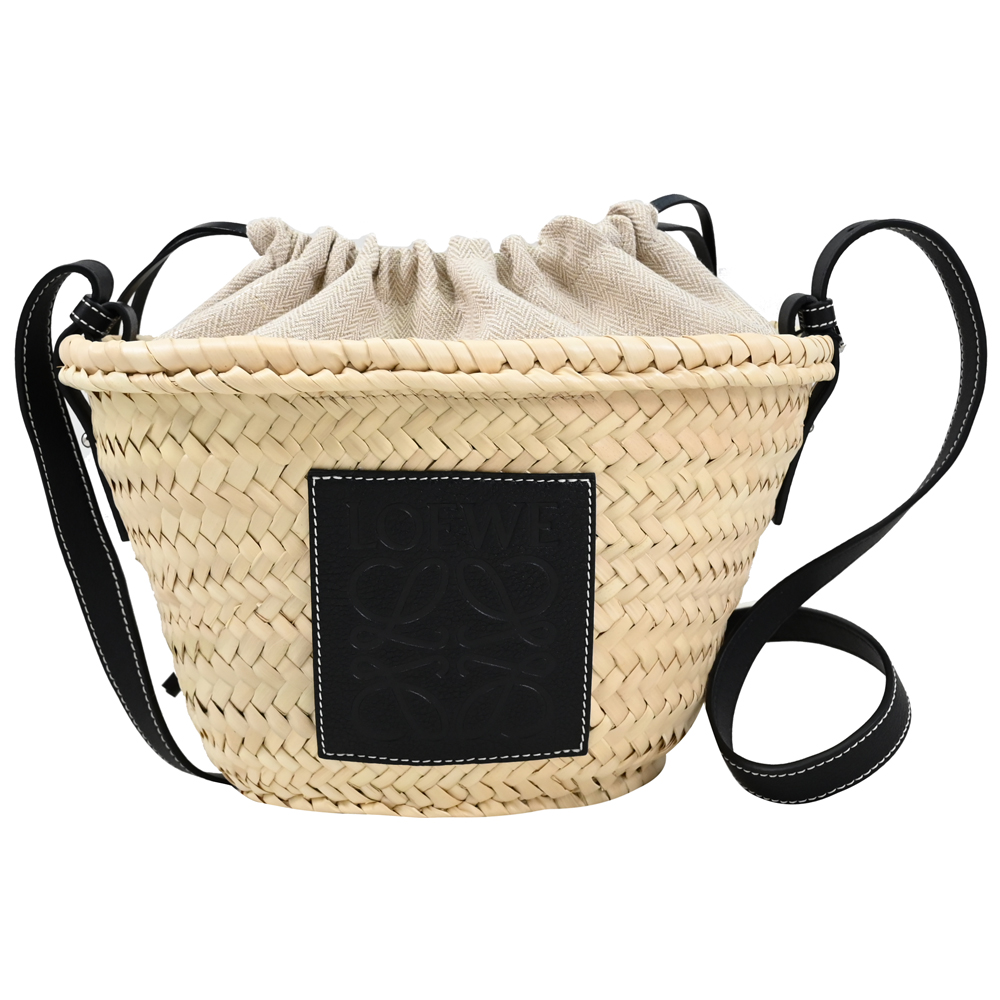 LOEWE 羅威 Drawstring bucket徽章LOGO草編束口斜背包.黑邊