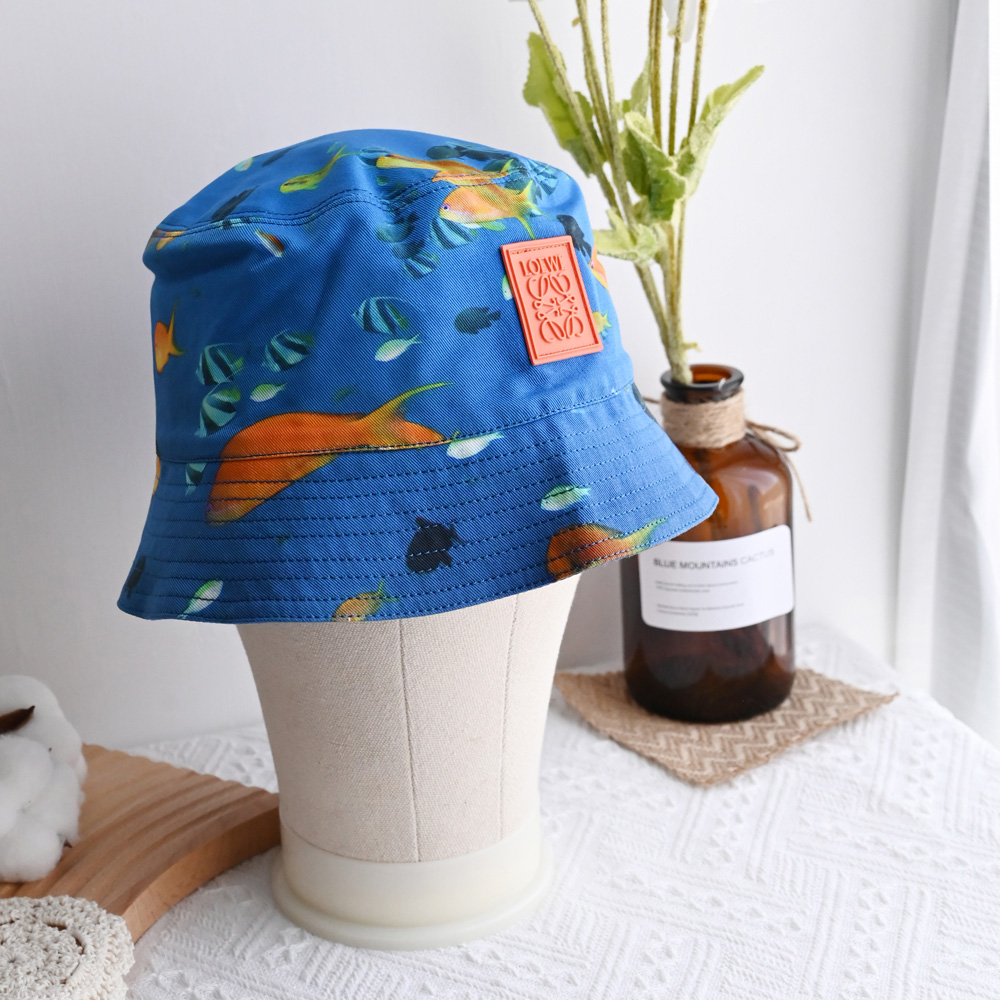 LOEWE 羅威 經典LOGO熱帶魚印花漁夫帽/遮陽帽.海藍