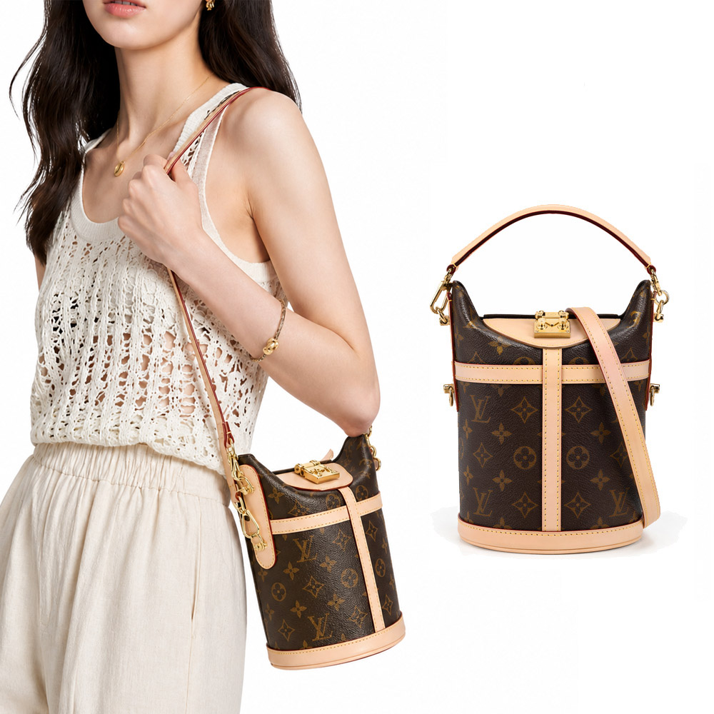 Louis Vuitton 路易威登 Duffle 帆布印花S鎖扣牛皮鑲飾手提肩背水桶包(卡其棕)