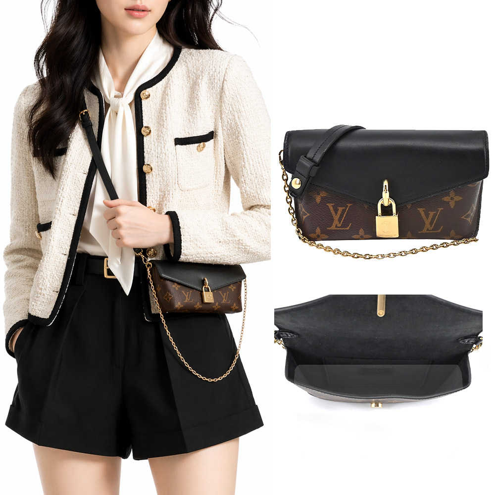 Louis Vuitton 路易威登 Padlock on Strap 經典Monogram帆布鎖扣信封斜背包(黑色)