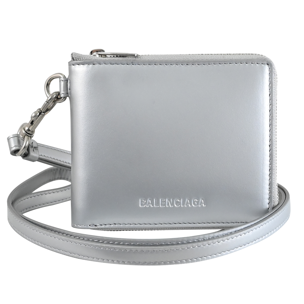 BALENCIAGA 巴黎世家 664043 質感小牛皮頸掛/斜背拉鍊零錢短夾.銀