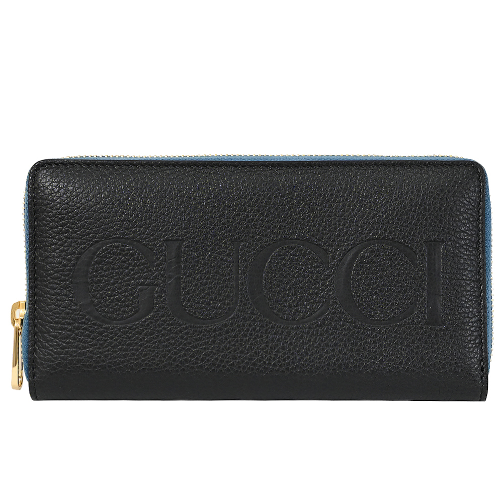 GUCCI 古馳 烙印大LOGO經典ㄇ字拉鍊長夾.藍黑