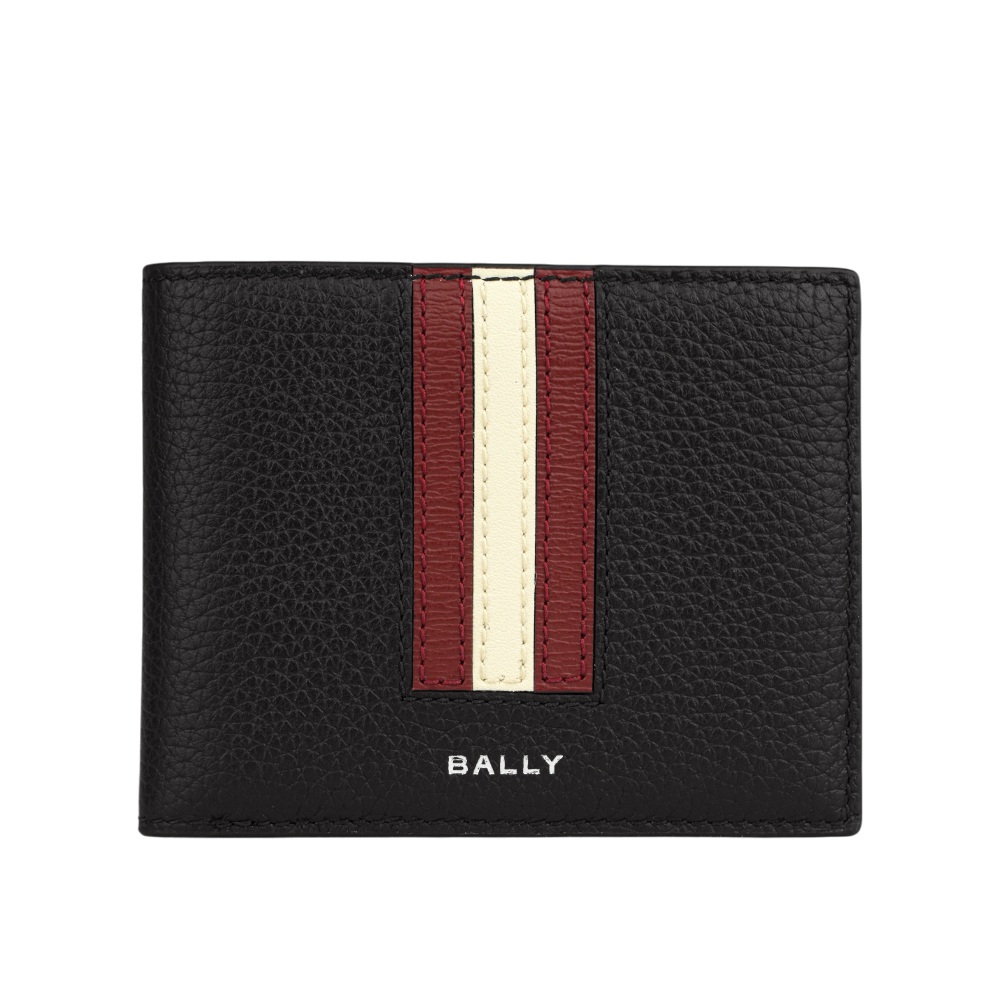 BALLY Ribbon 紅白條紋牛皮對開證件照短夾(黑色)