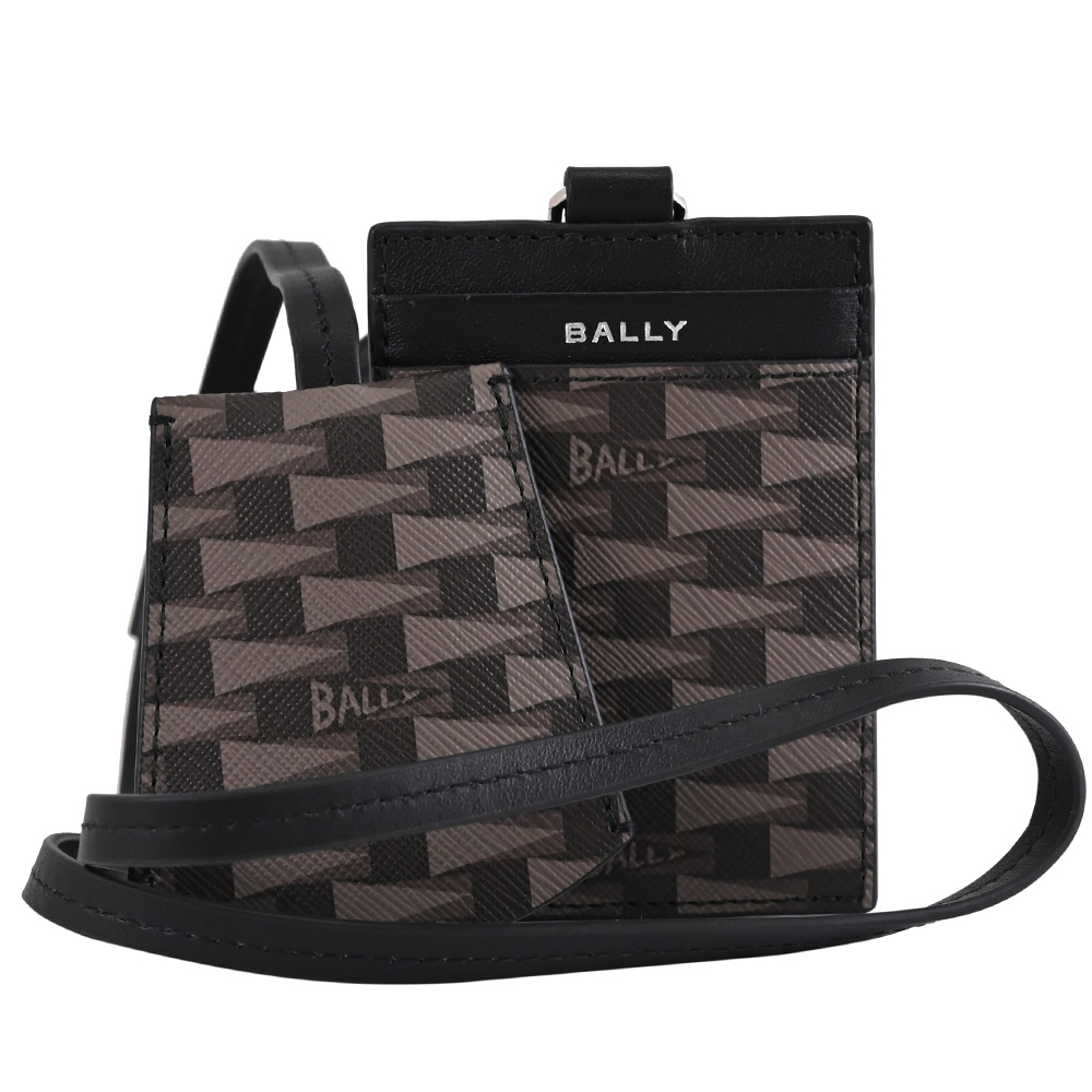 BALLY BADGE 幾何LOGO頸掛卡片鑰匙圈證件夾.黑/深棕