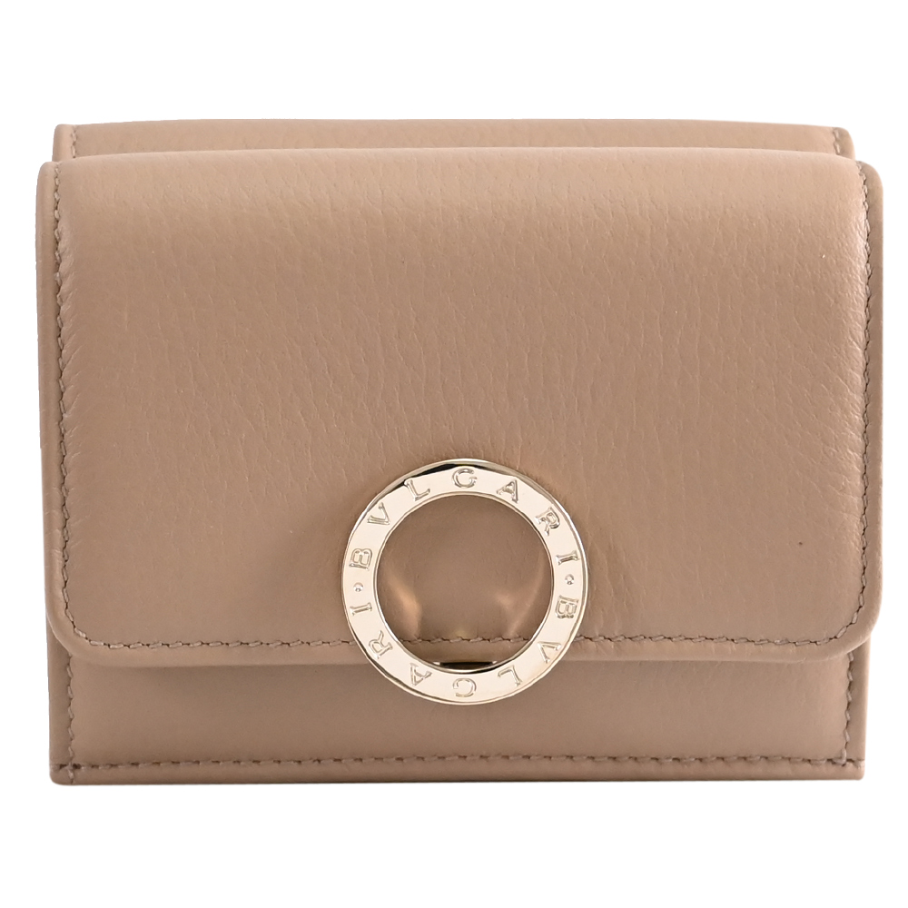 BVLGARI 寶格麗 金屬釦LOGO牛皮三折小短夾.淺褐色