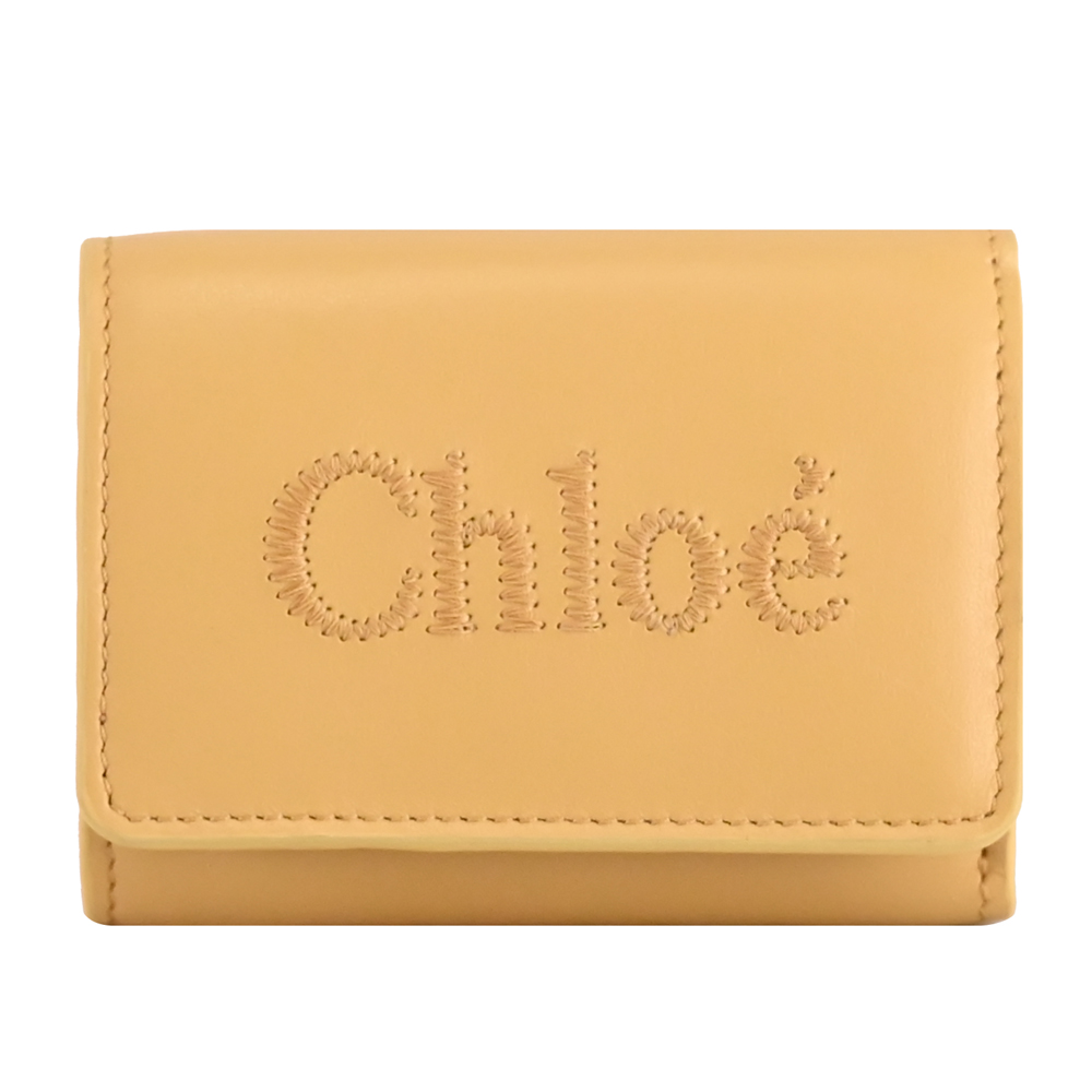 CHLOE 蔻依 SENSE 電繡LOGO小牛皮三折扣式零錢小短夾.黃