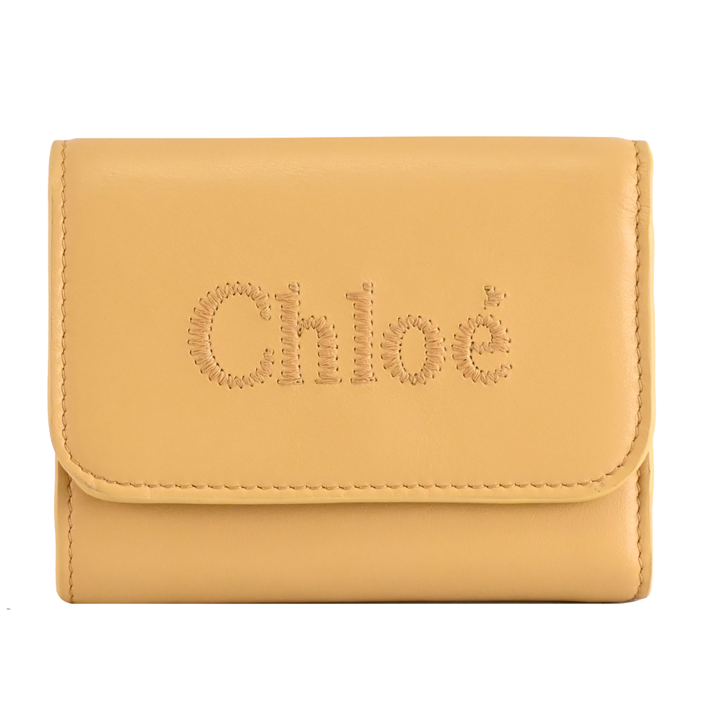 CHLOE 蔻依 SENSE 電繡LOGO小牛皮三折扣式零錢短夾.黃