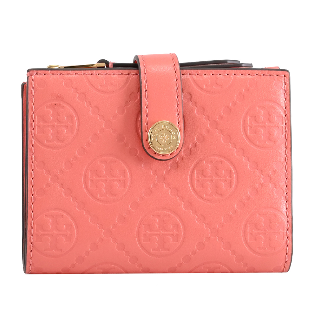 TORY BURCH 經典LOGO壓紋皮革扣式零錢短夾.粉橘