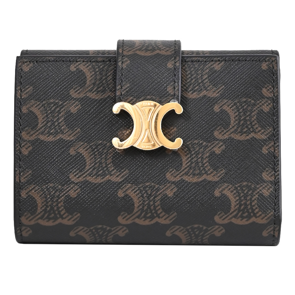 CELINE NINO Triomphe Canvas 細搭帶扣式三折短夾.深咖