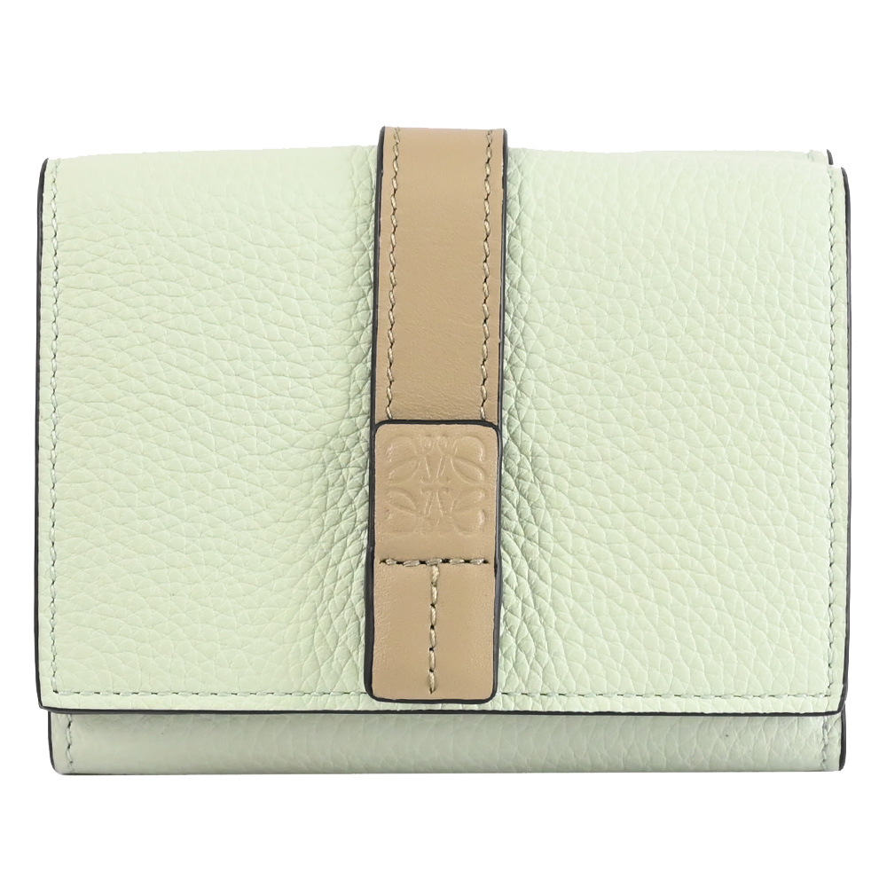 LOEWE 羅威 烙印LOGO撞色牛皮釦式三折零錢短夾.淺綠
