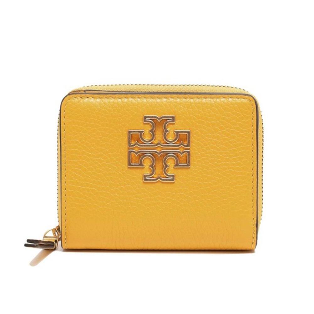 TORY BURCH 雙T-LOGO素面扣式皮革短夾-黃