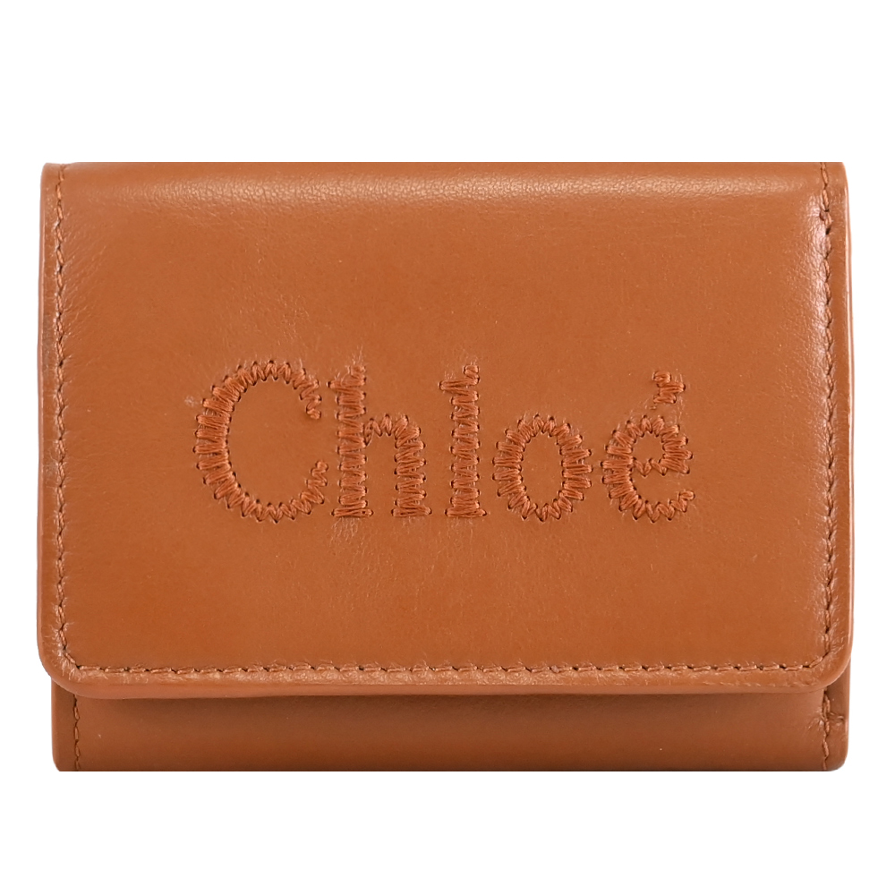 CHLOE 蔻依 SENSE 電繡LOGO小牛皮三折扣式零錢小短夾.焦糖棕