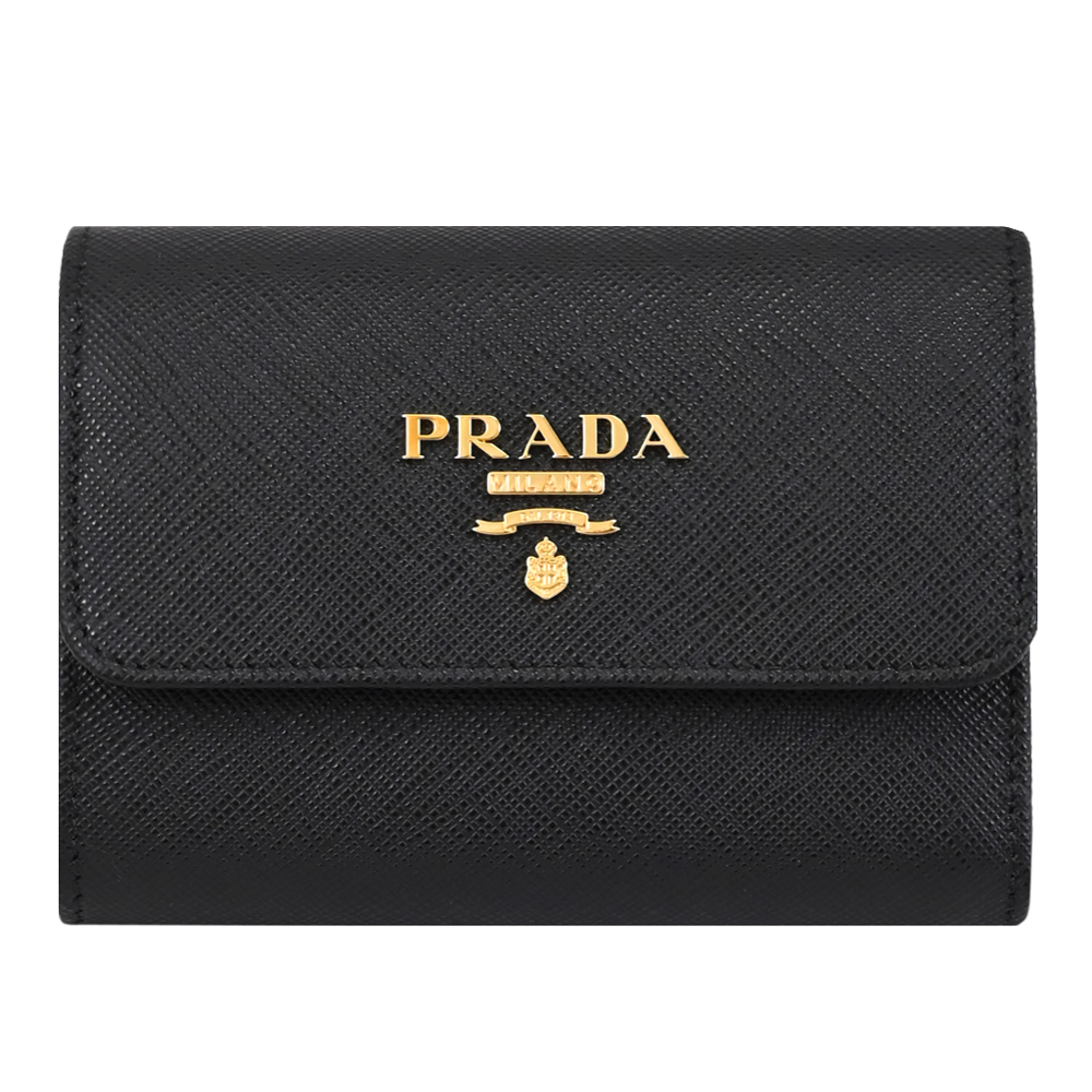 PRADA 普拉達 浮雕LOGO內裏撞色防刮零錢短夾.黑/褐