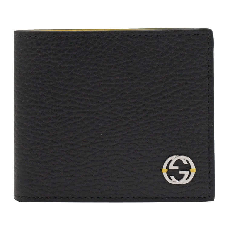 GUCCI 古馳 經典雙G LOGO 內裡撞色4卡零錢短夾.黑/黃