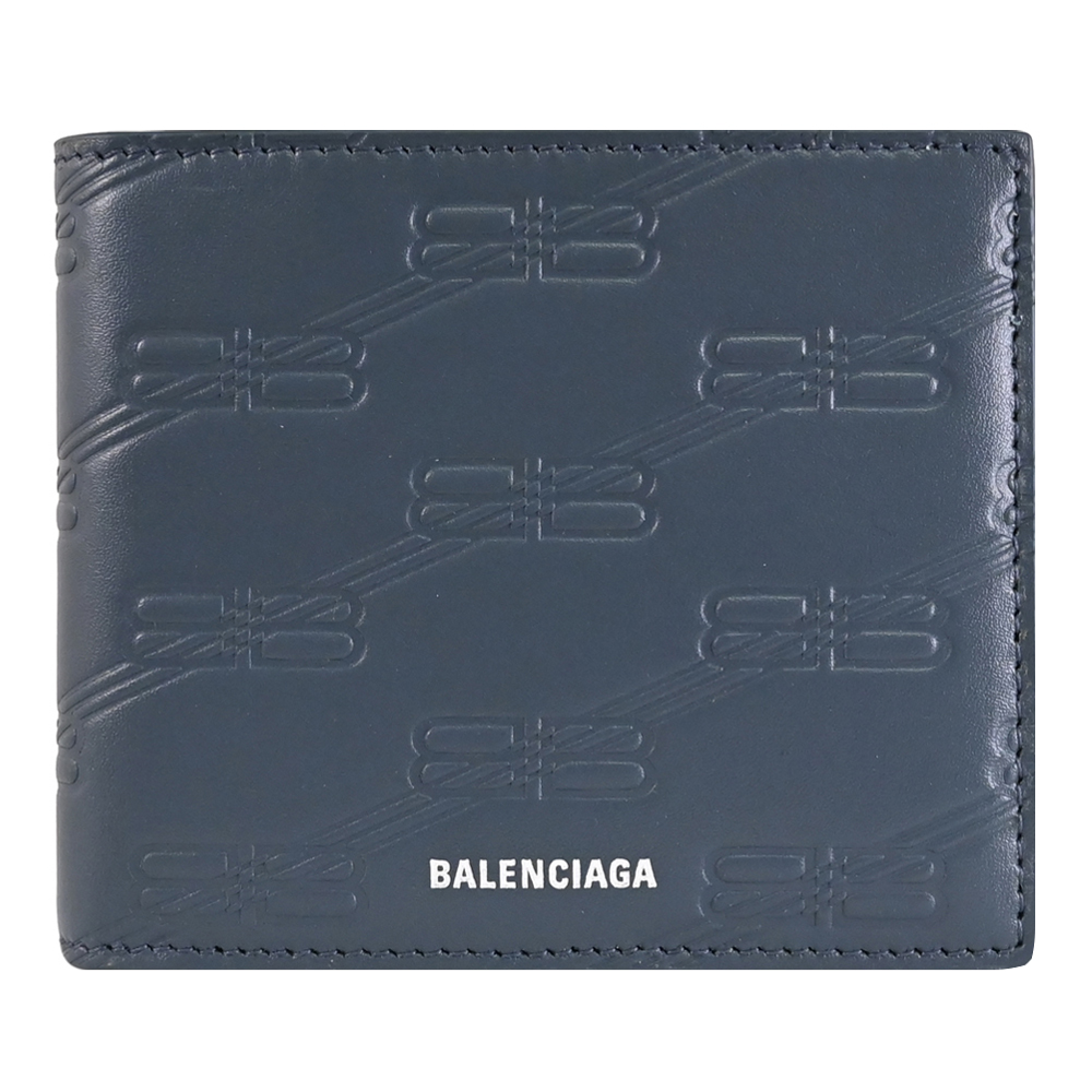 BALENCIAGA 巴黎世家 燙銀LOGO壓花牛皮對開短夾.風暴藍