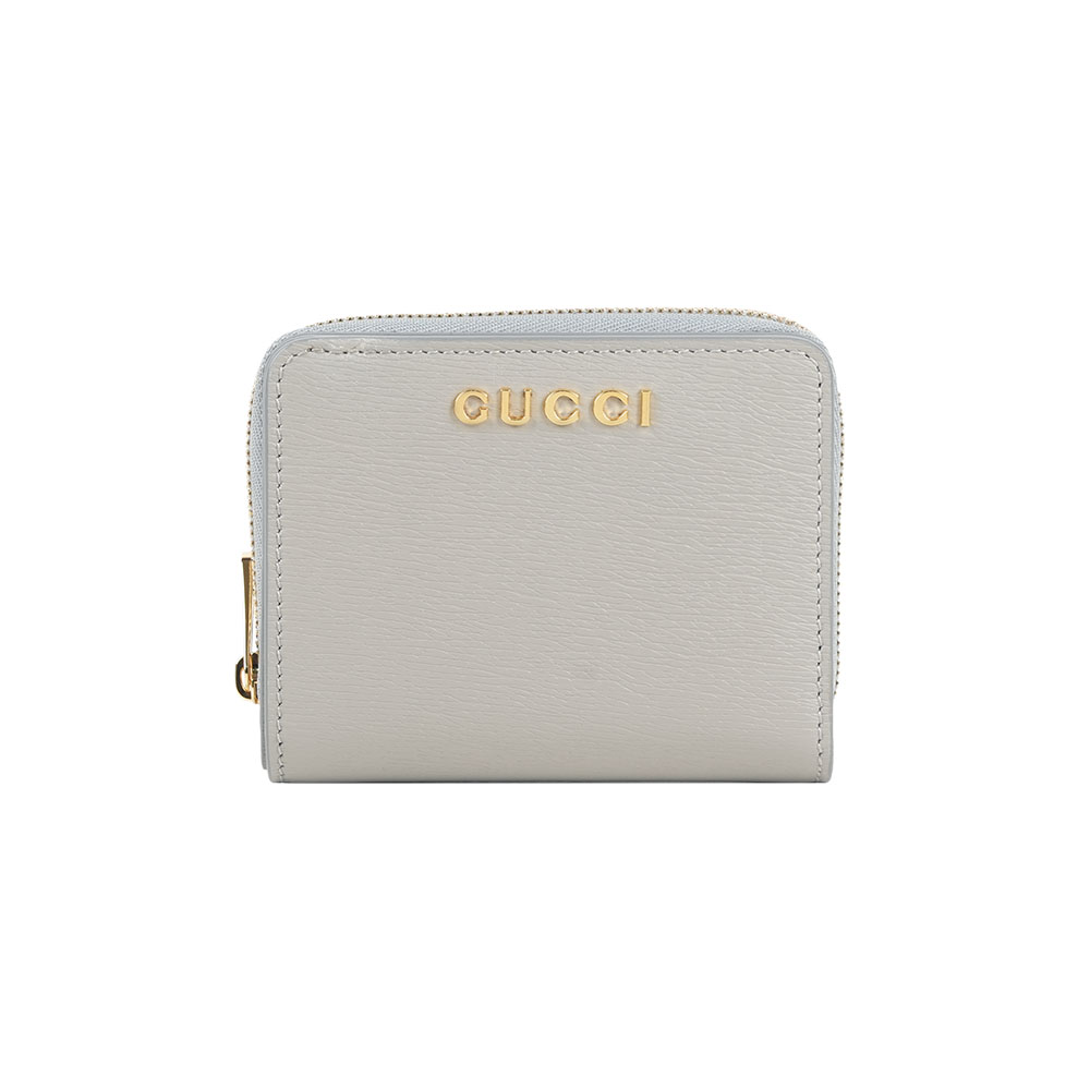 GUCCI 古馳 金字Logo 拉鍊零錢袋暗釦二折短夾(灰色)