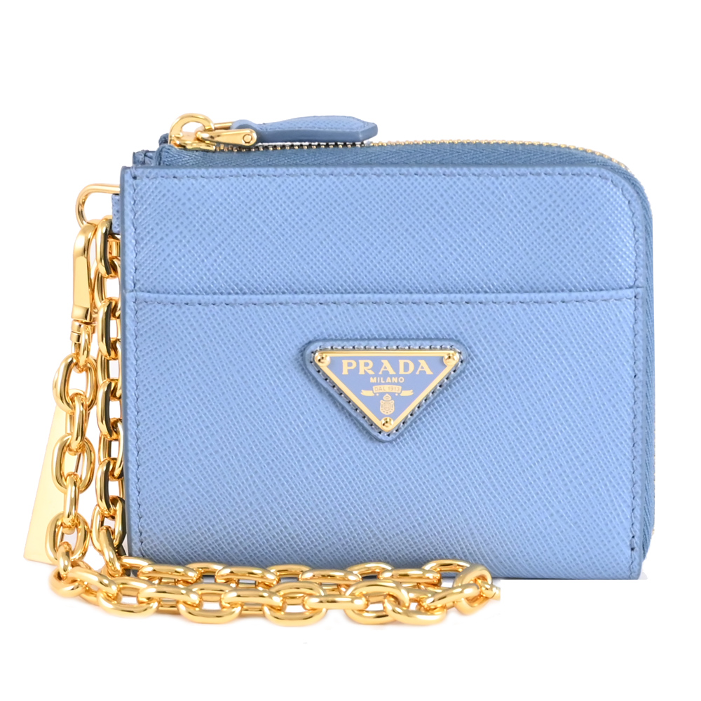 PRADA 普拉達 三角LOGO鍊條掛飾零錢卡包/皮夾.藍