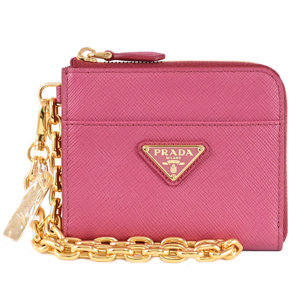 PRADA 普拉達 三角LOGO鍊條掛飾零錢卡包/皮夾.桃粉